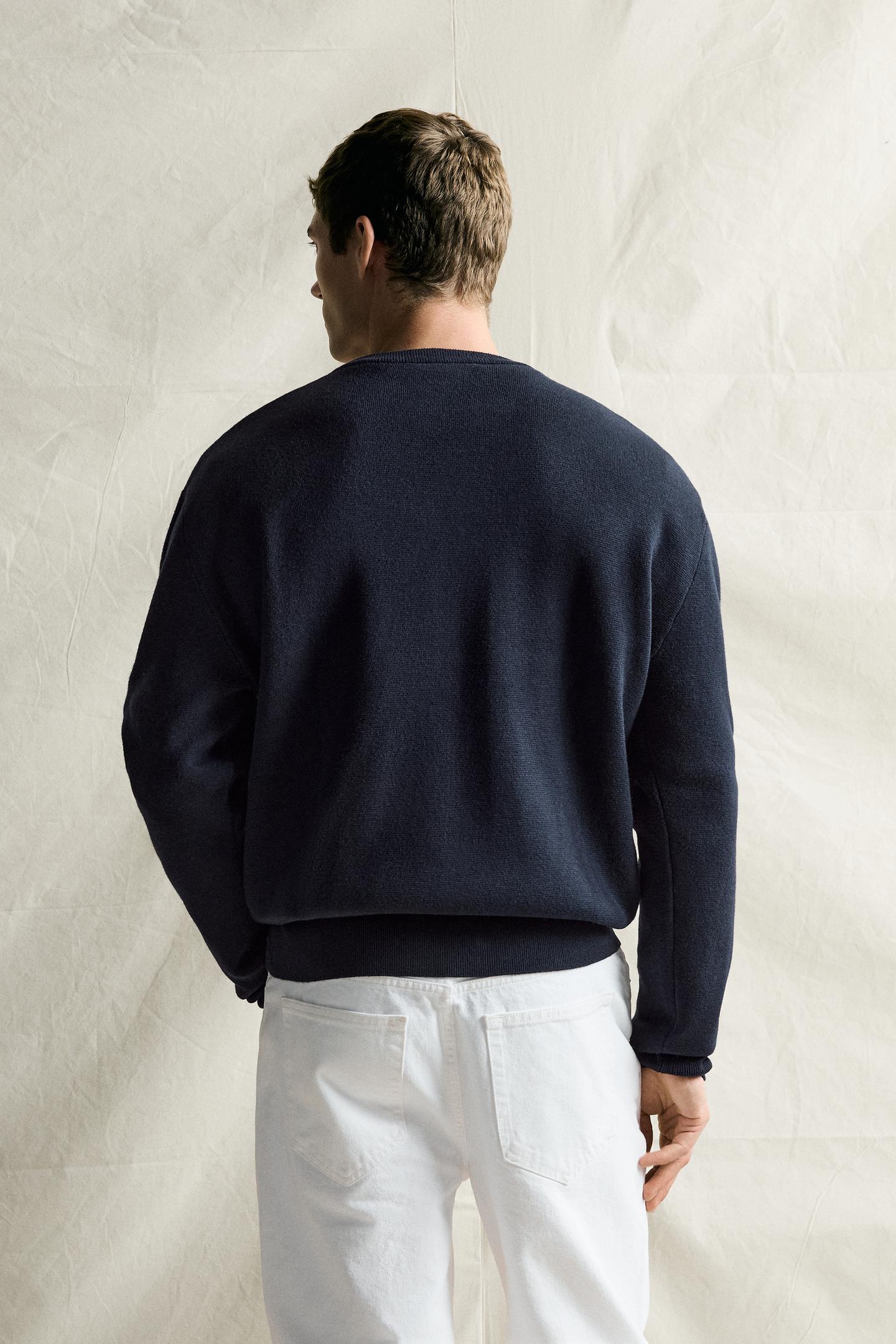 Мужской свитер Zara Cotton-Wool Compact-Knit Jumper, цвет: Тёмно-синий — фото 3