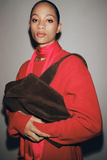 SAC CITYBAG EN CUIR DAIM - Marron de Zara