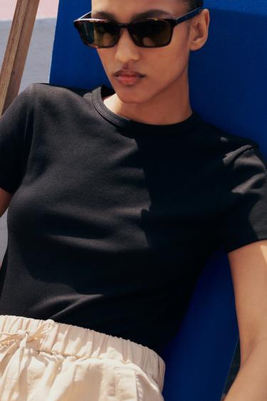Zara SHORT SLEEVE RIB TOP - Black