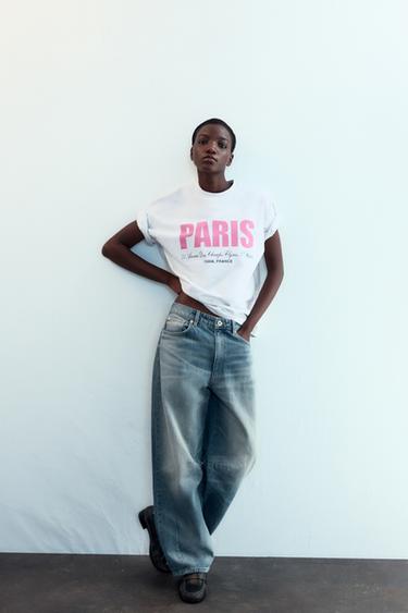 T-SHIRT À INSCRIPTION ET MANCHES COURTES - Gris chiné de Zara