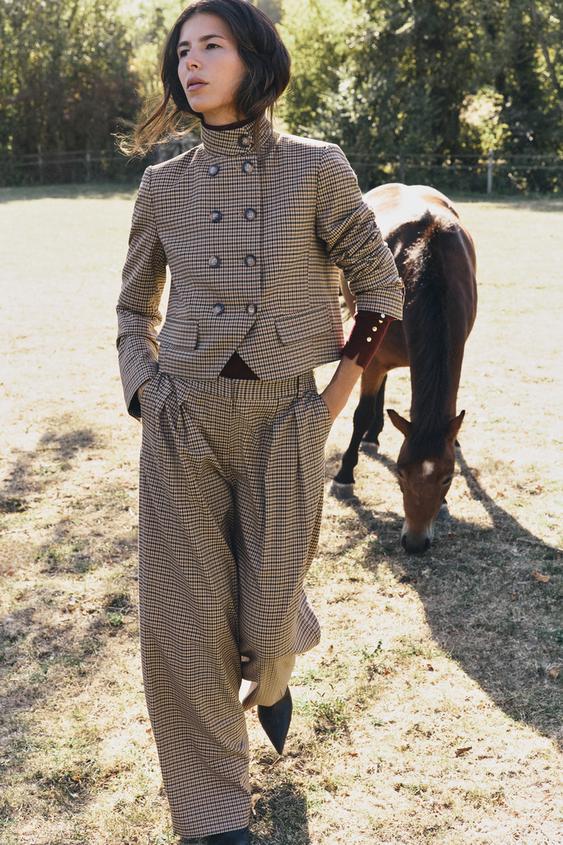 HOUNDSTOOTH WIDE-LEG TROUSERS - camel by Zara - Image 0