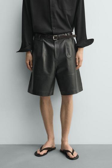 RELAXED FIT LEATHER BERMUDA SHORTS WITH PLEATS - Black by Zara - Image 1