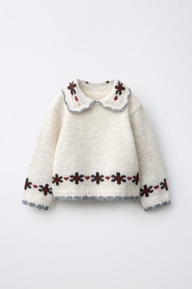 EMBROIDERED PETER PAN COLLAR JUMPER — Ecru / Marl 2