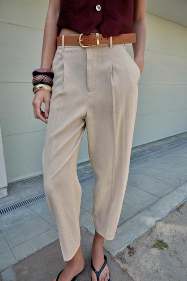 PANTALON AVEC LIN, PINCES ET CEINTURE - Beige clair de Zara - Image 1