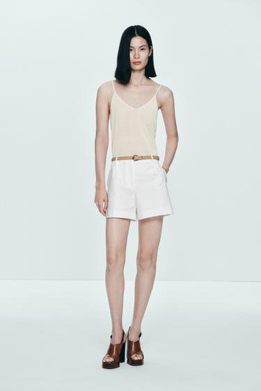 Zara 配腰帶打摺短褲 - 白色