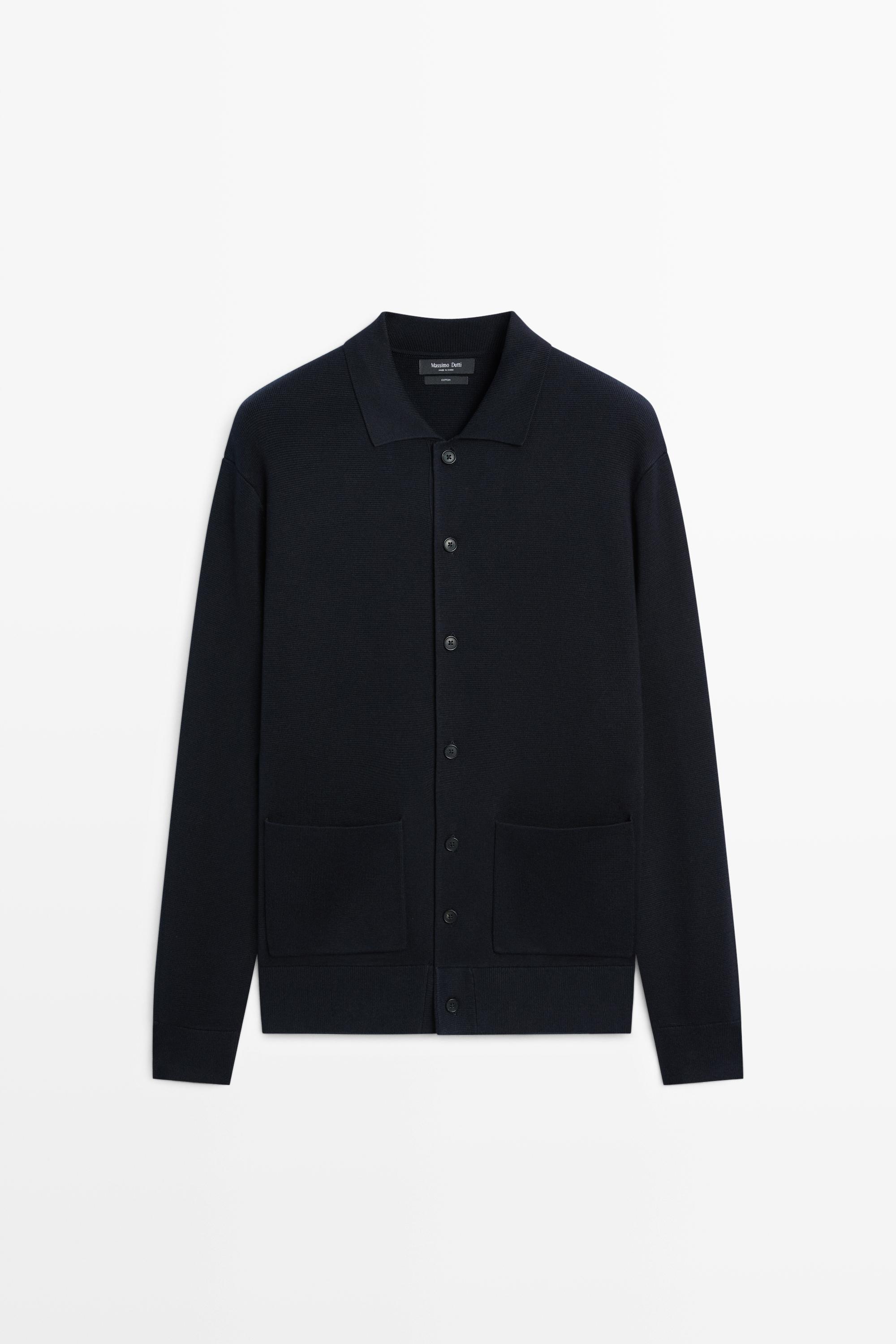 100% cotton knit polo collar cardigan — Navy blue
