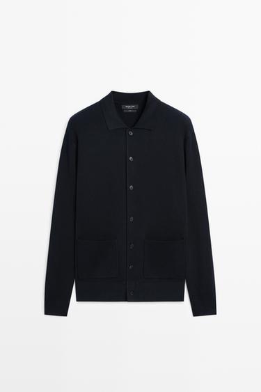 Zara 100% cotton knit polo collar cardigan - Navy blue