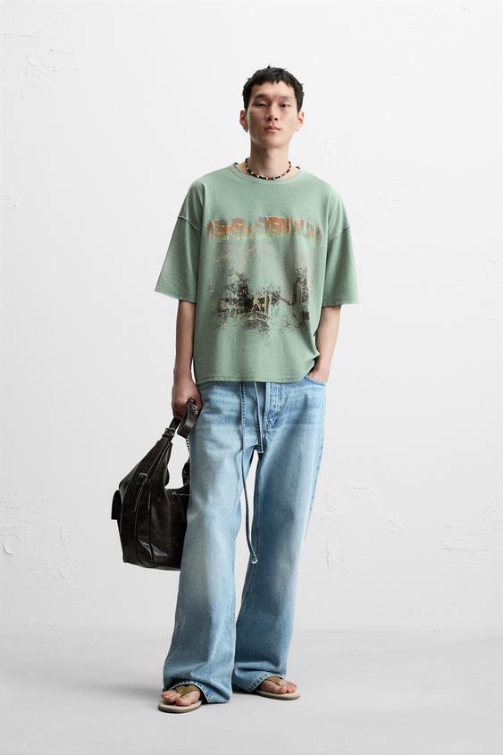 WASHED PRINT KNIT T-SHIRT - Light green | ZARA New Zealand