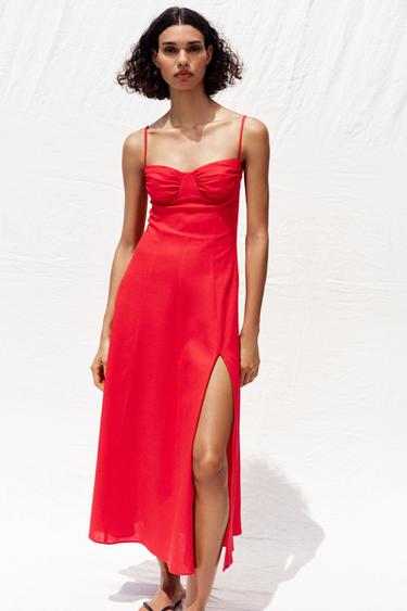 MIDI CORSET DRESS WITH LINEN BLEND - Red by Zara