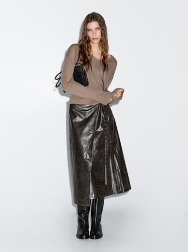 Zara Nappa leather wraparound midi skirt - Brown - Image 0