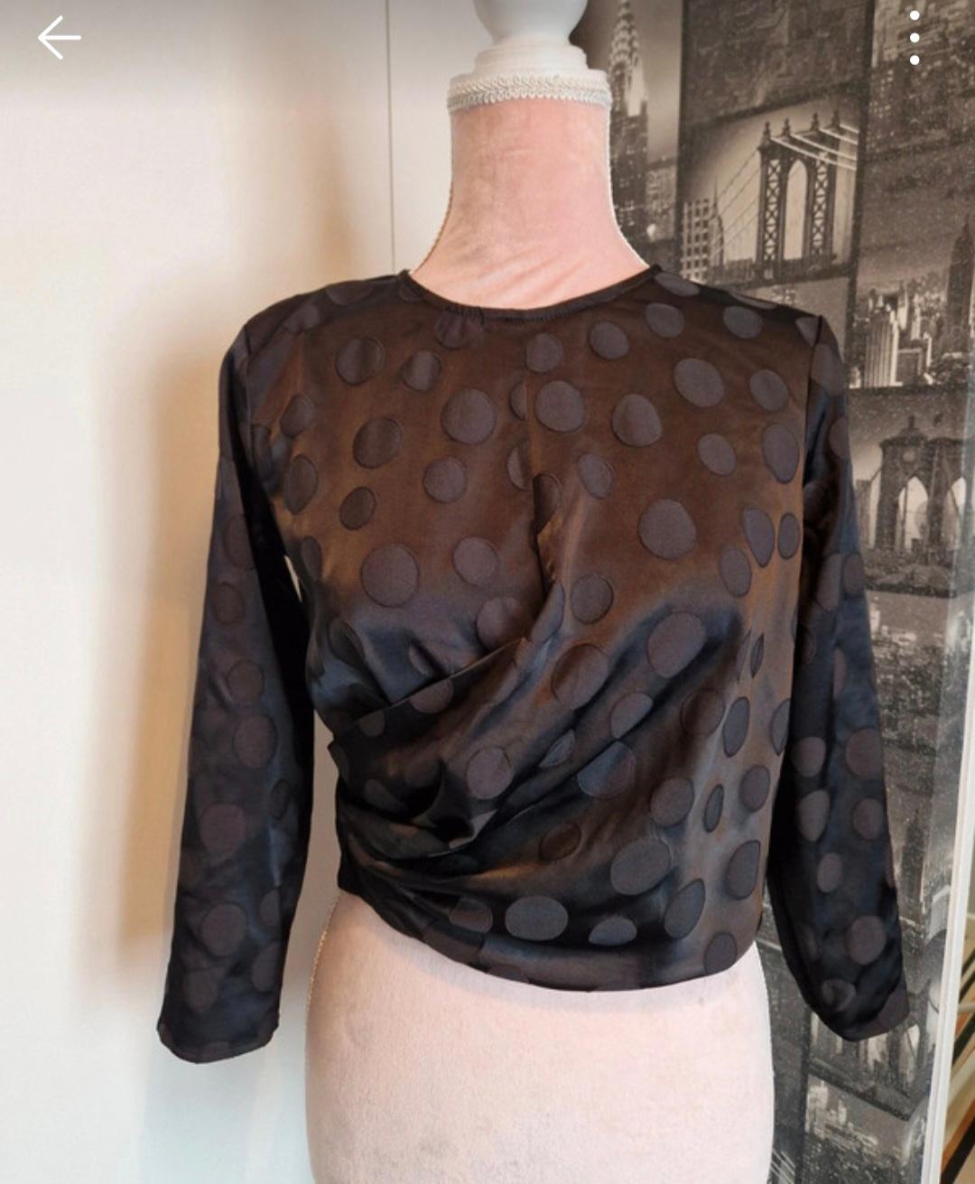 Black blouse with large polka dots on a mannequin, background with black and white images of bridges and buildings.