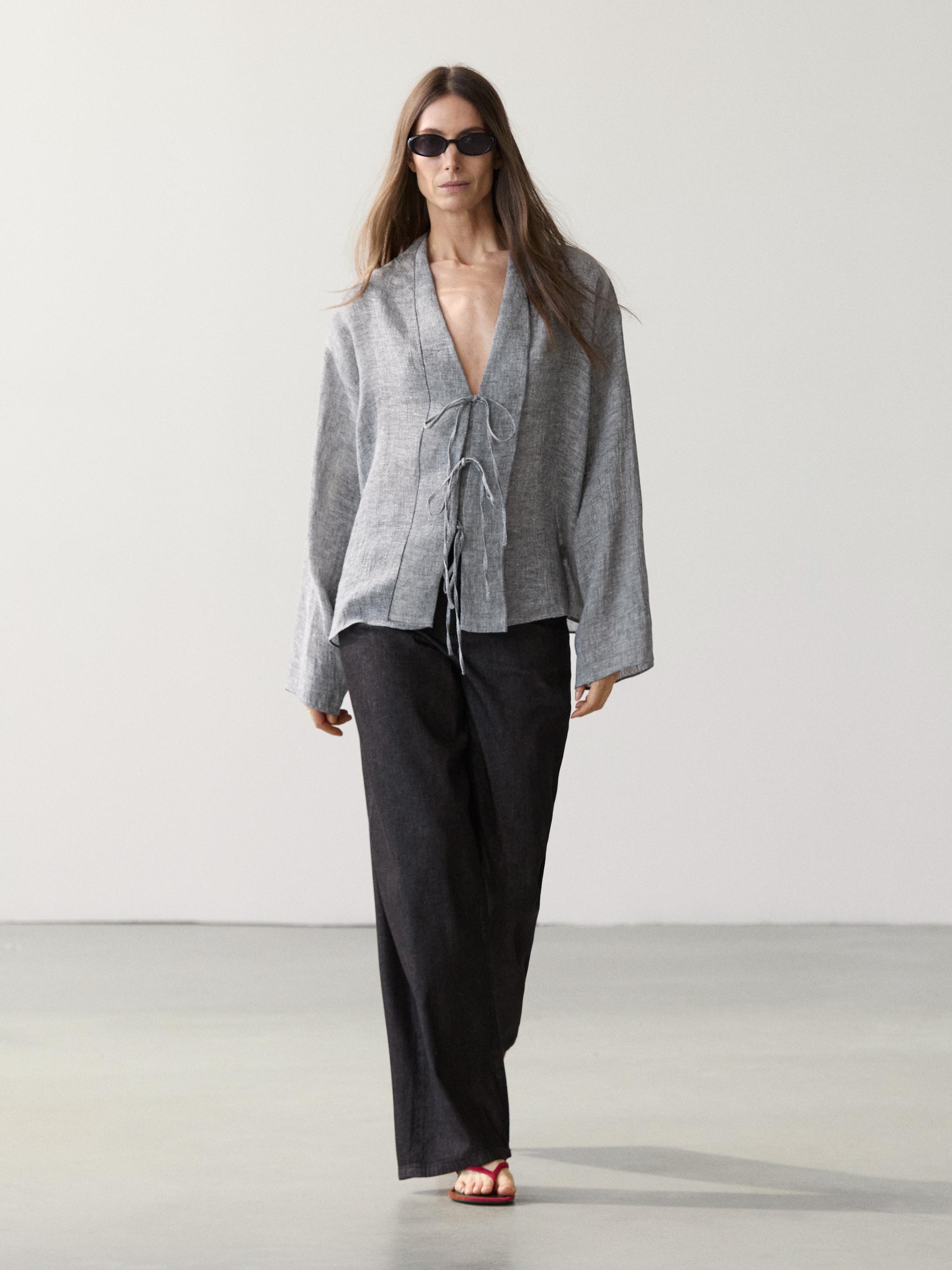 Linen blend blouse with tie details
