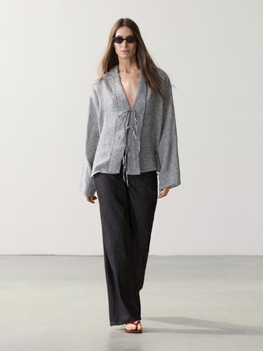 Zara Linen blend blouse with tie details - Gold / Silver - Image 0