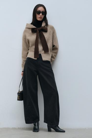 Zara 連帽拼接蝴蝶結針織外套 - 斑紋貂色