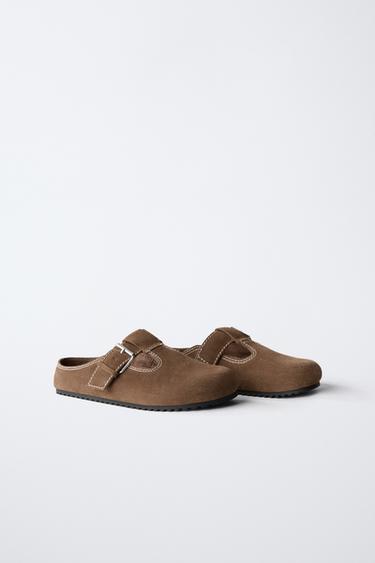 LEATHER CLOGS WITH TOPSTITCHING - Khaki Green by Zara - Image 1