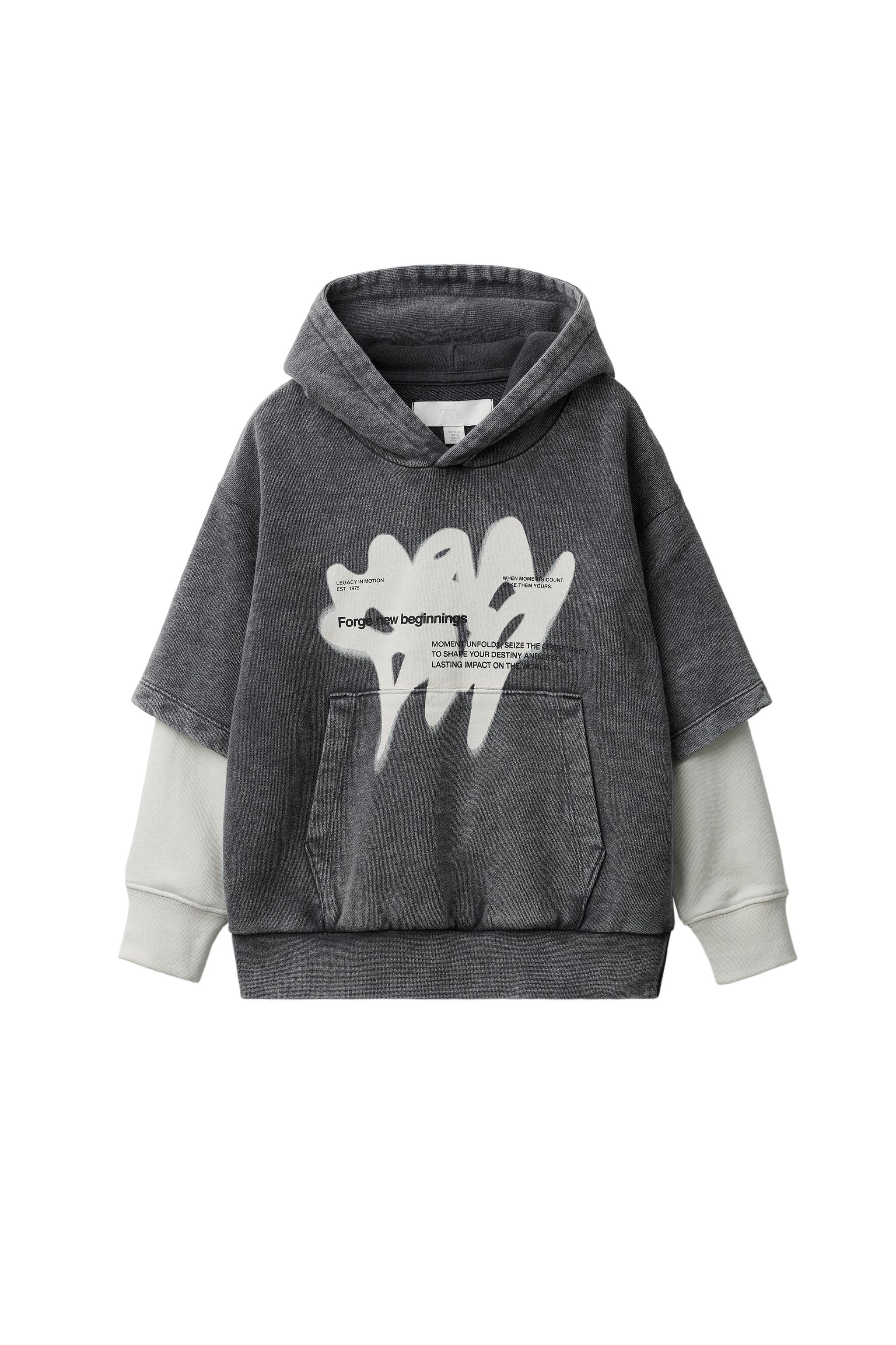 DOUBLE SLEEVE PRINT HOODIE - Grey / Beige | ZARA South Africa