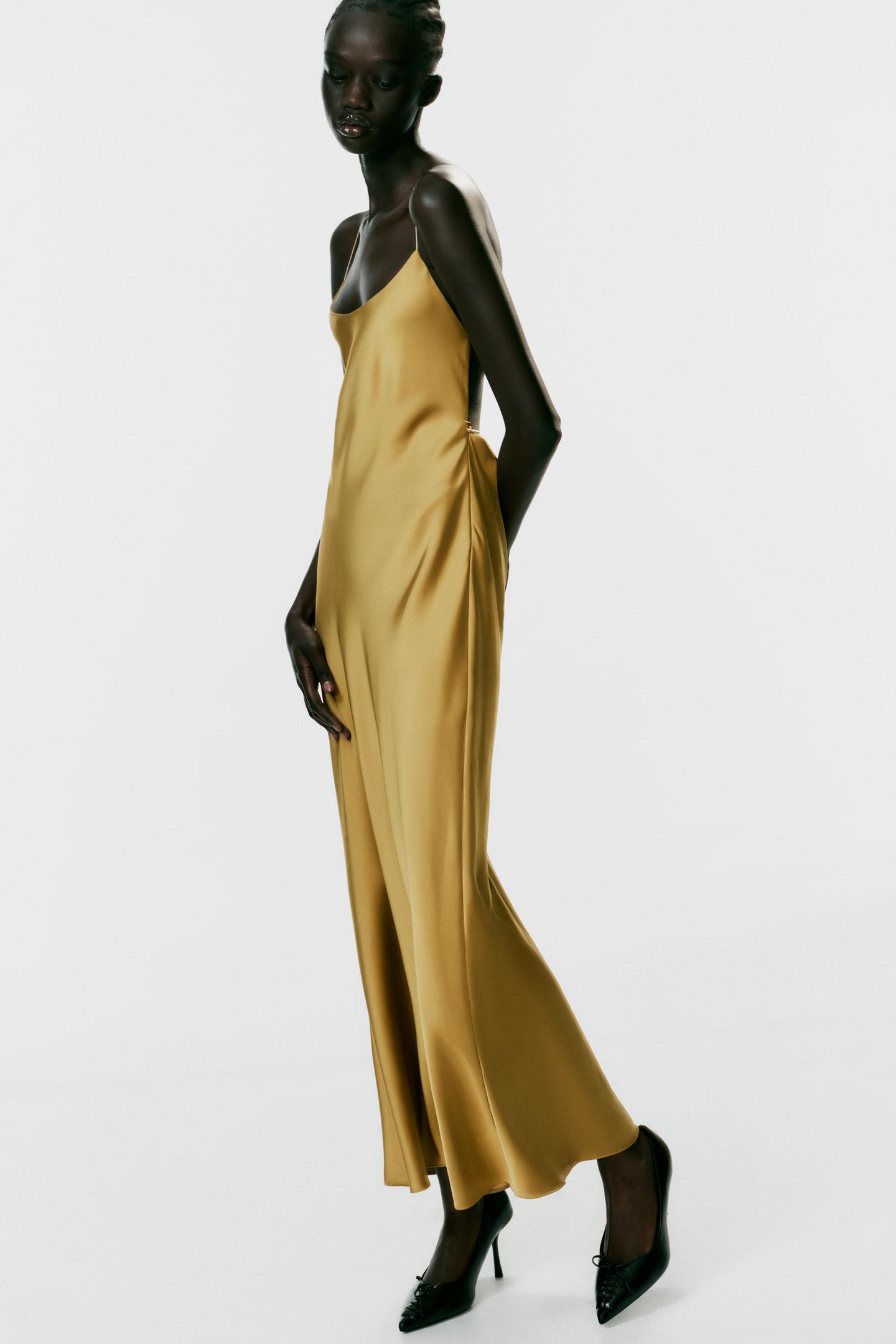 Женское платье Zara Satin Backless MIDI, цвет: Золотой — фото 3