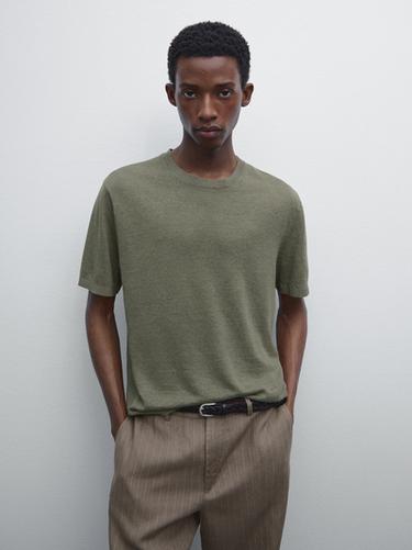 Zara 100% linen short sleeve knit T-shirt - Light khaki