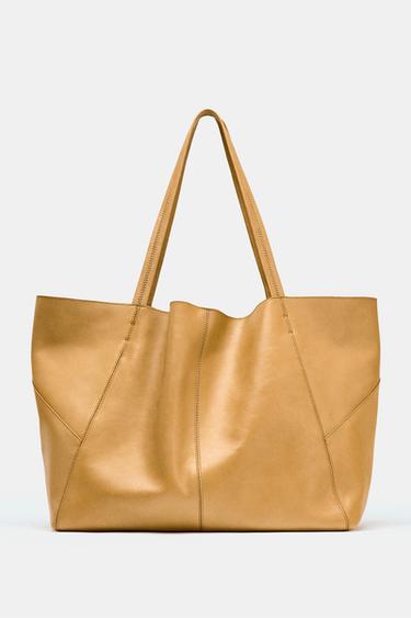 MAXI LEREN TOTEBAG MET SIERSTICHTING - geelbruin van Zara - Afbeelding 0