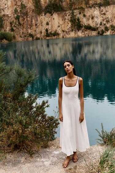 Zara CONTRAST TRIM MIDI DRESS - White