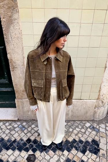 100% LEATHER BOMBER JACKET - Khaki by Zara