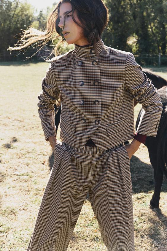 VESTE COURTE PIED-DE-POULE - Marron clair de Zara - Image 4