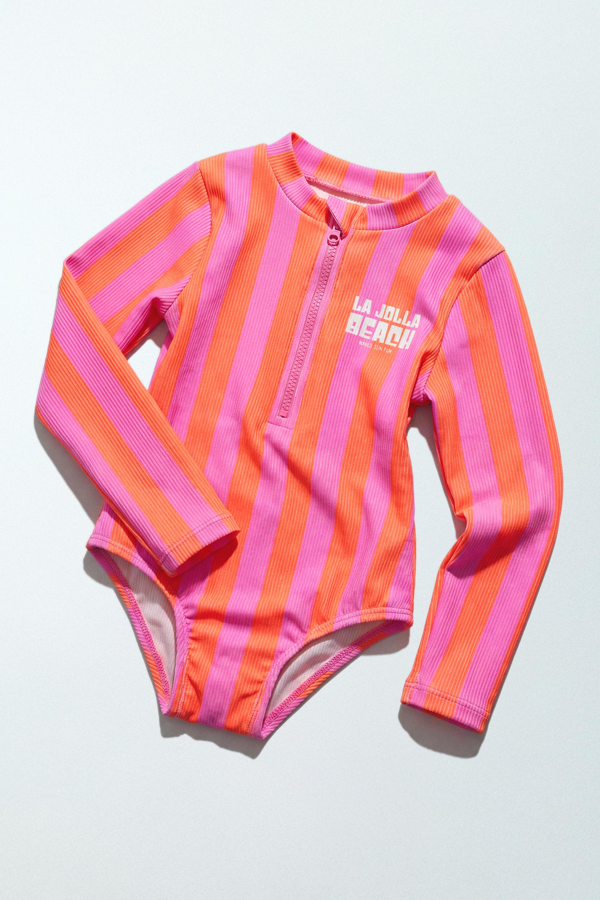1-6 YEARS / STRIPED TEXT SWIMSUIT — Neon orange