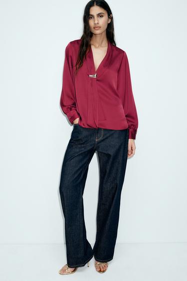 SATIN BLOUSE WITH METAL DETAIL - Mid-red by Zara