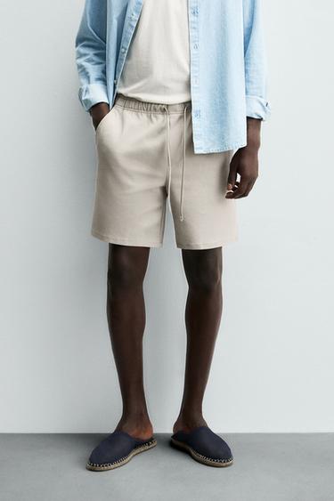 Zara TEXTURED COMFORT SHORTS - Beige