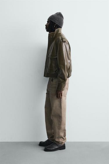 CROPPED FIT FAUX LEATHER JACKET - Olive green by Zara - Image 3