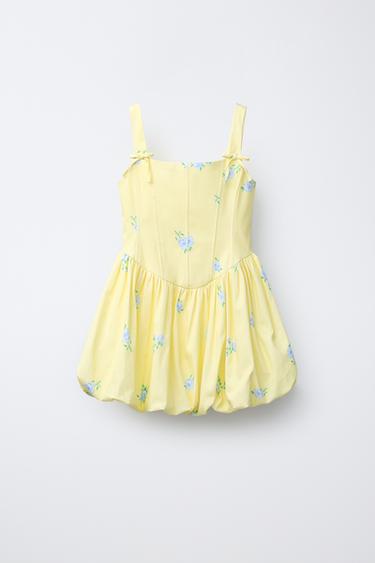 Zara FLORAL BUBBLE HEM DRESS - Light yellow
