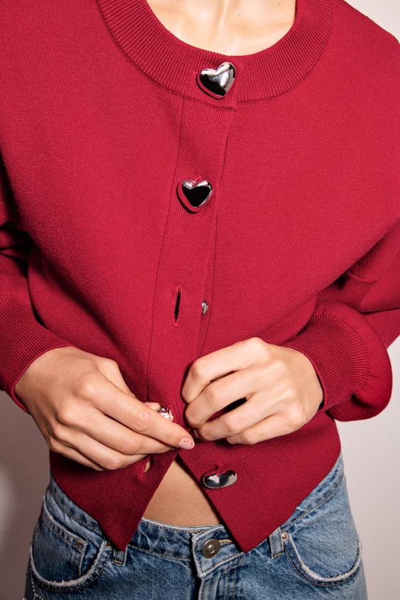Cardigan Zara Maglia Rossa GIACCA IN MAGLIA CON BOTTONI A CUORE