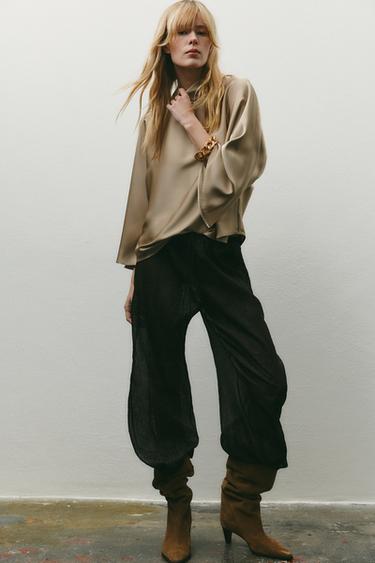 SATIN HIGH NECK TOP - Brown / Taupe by Zara