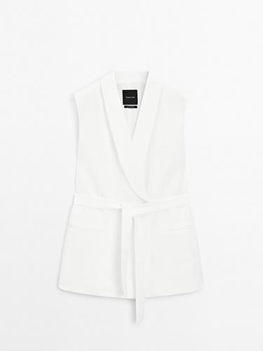 Zara Linen blend waistcoat with tuxedo collar - Oyster-white