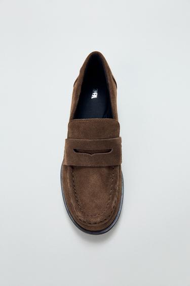 Zara SPLIT LEATHER SADDLE LOAFERS - Dark tan