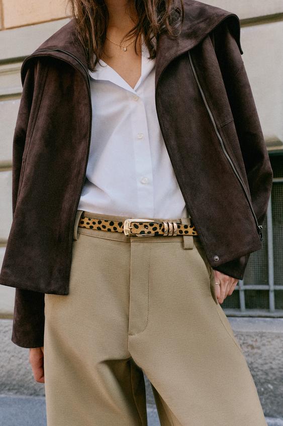 100% LEATHER ANIMAL PRINT SLIM BELT - Brown by Zara - Image 0