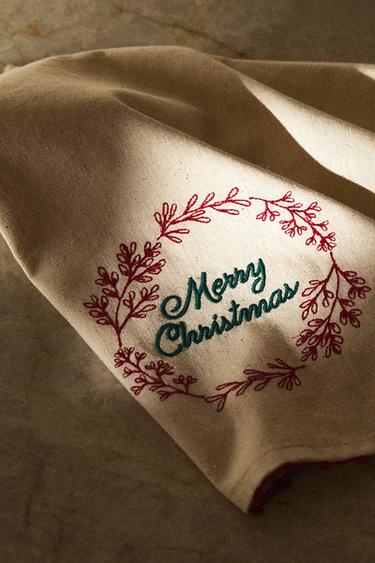 COTTON EMBROIDERED CHRISTMAS TEA TOWEL - Red by Zara - Image 4