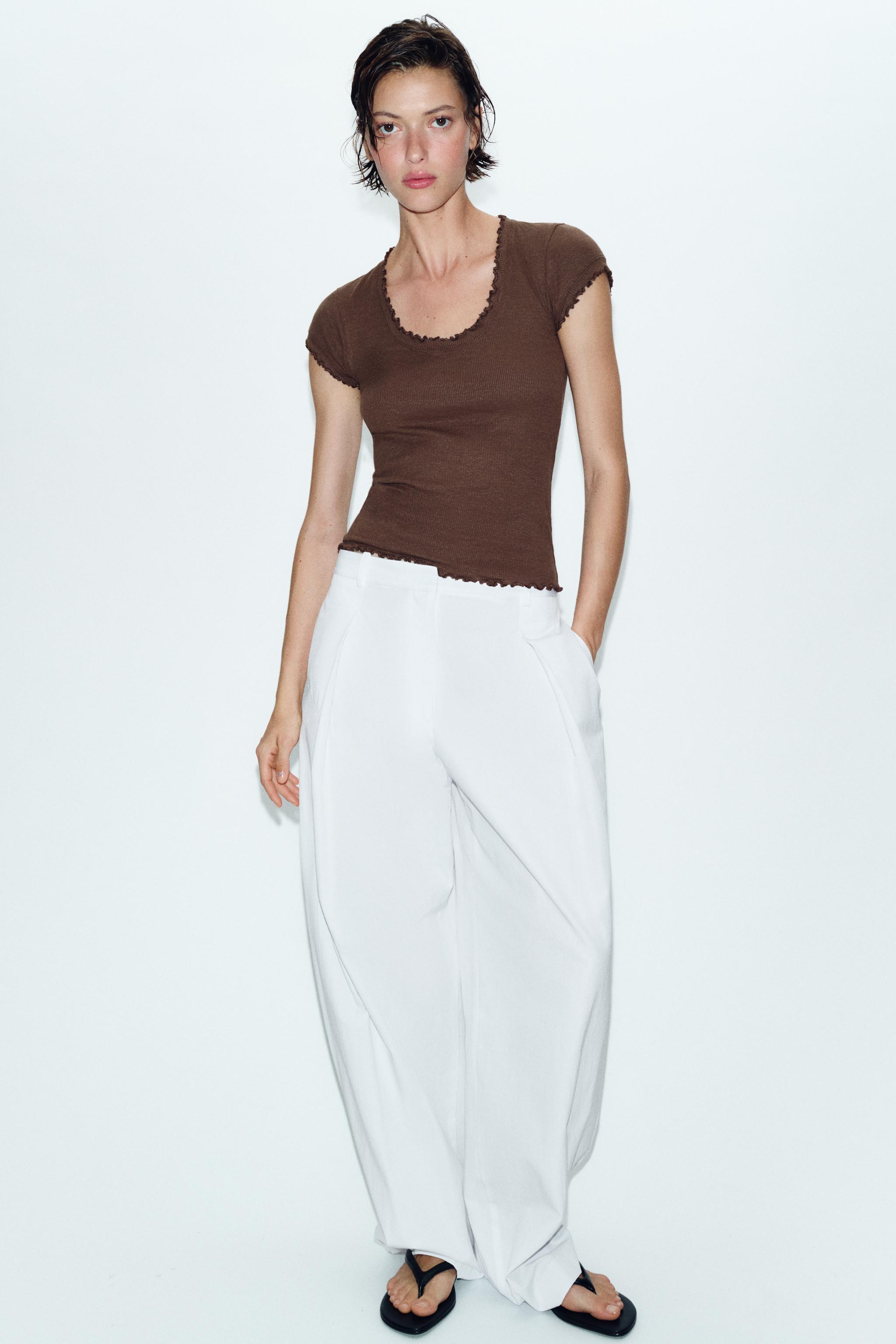 SHORT SLEEVE LINEN BLEND T-SHIRT — Brown