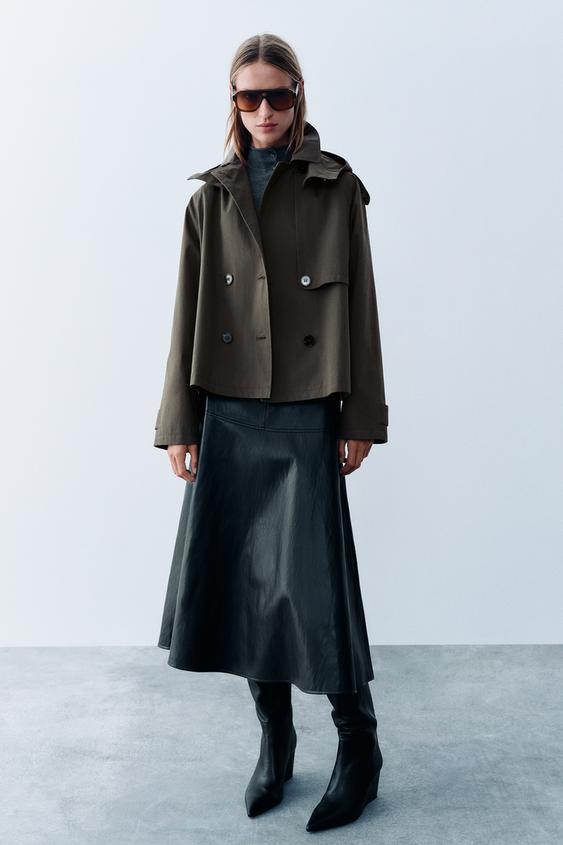 Zara SHORT HOODED TRENCH JACKET - Khaki - Image 0