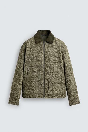 Zara ABSTRACT JACQUARD QUILTED JACKET - Green / Ecru