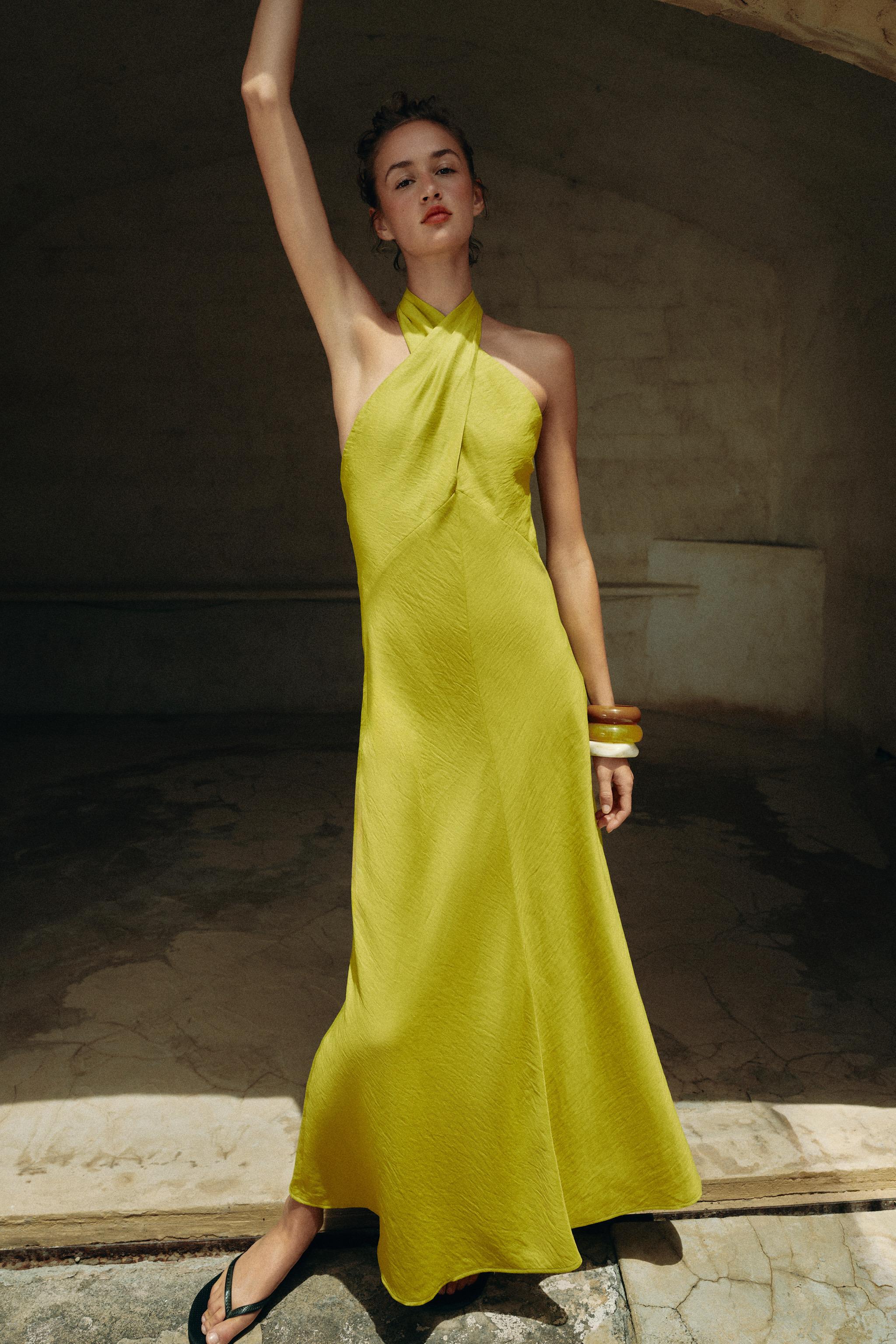 LINEN WRAP HALTER MIDI DRESS
