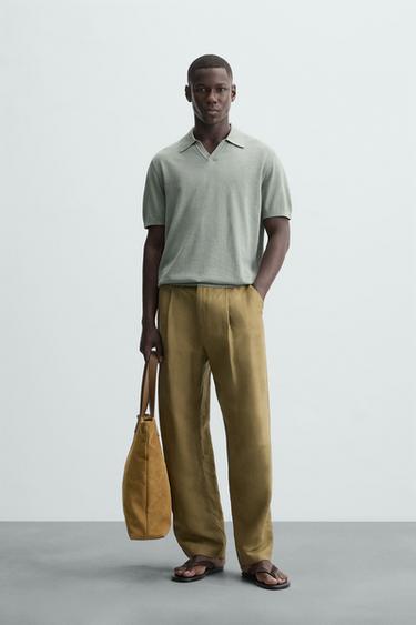 COTTON-SILK KNIT POLO SHIRT - washed green by Zara - Image 0