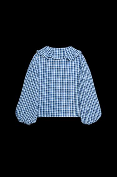 Zara GINGHAM RUFFLED BLOUSE - Blue / White