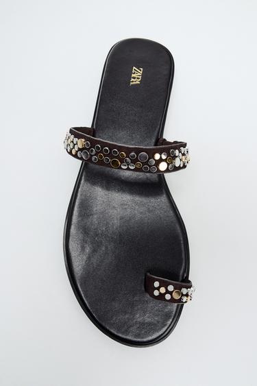 STUDDED FLAT SANDALS - Brown by Zara