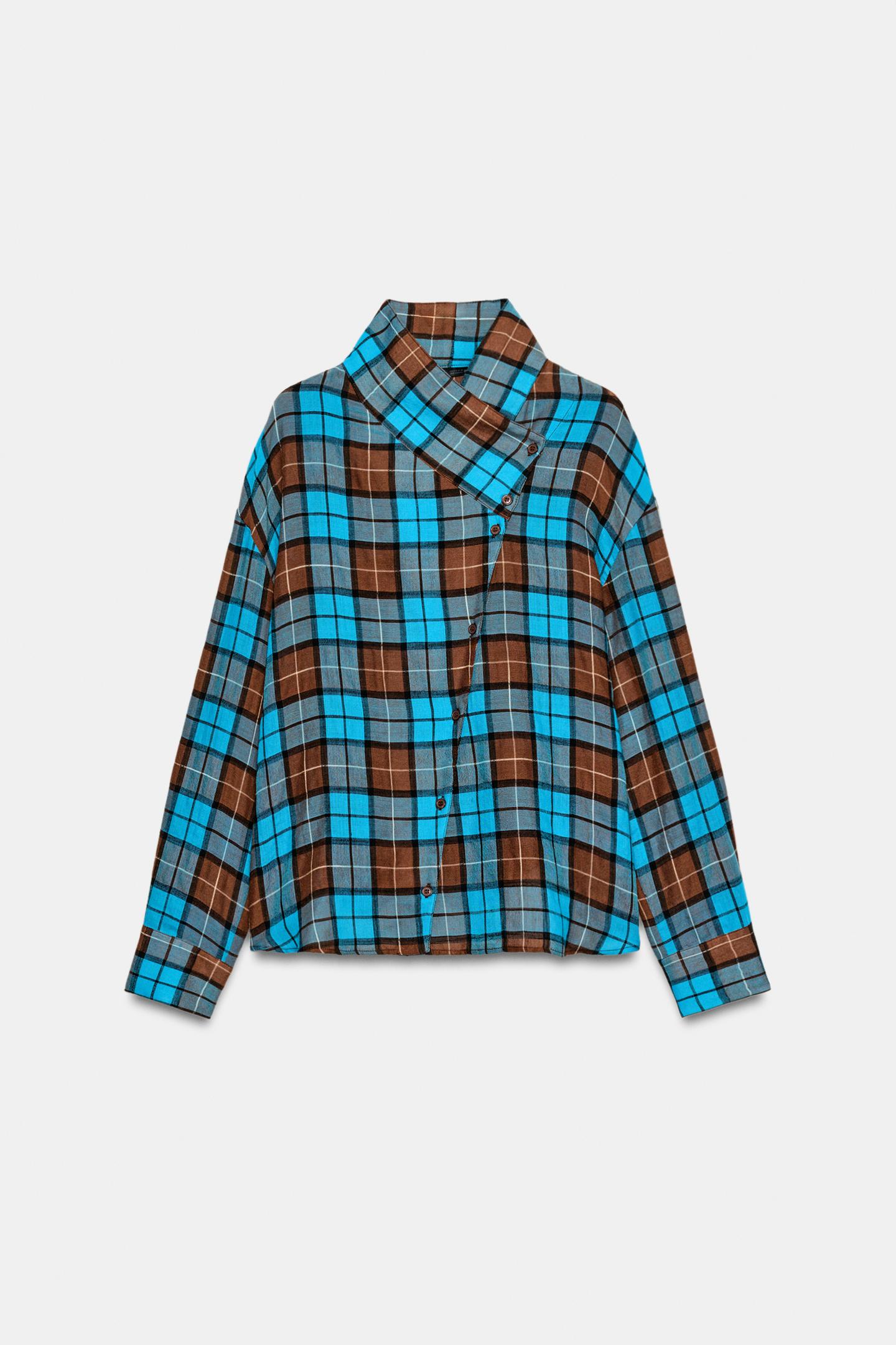 Женская рубашка Zara Plaid Wrap, цвет: Коричневый синий — фото 10