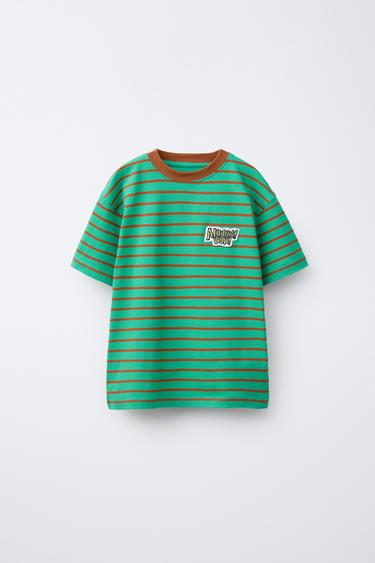 STRIPED EMBROIDERED T-SHIRT - Green stripe by Zara