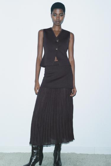 COMBINED PLEATED KNIT SKIRT - Brown by Zara - Image 0
