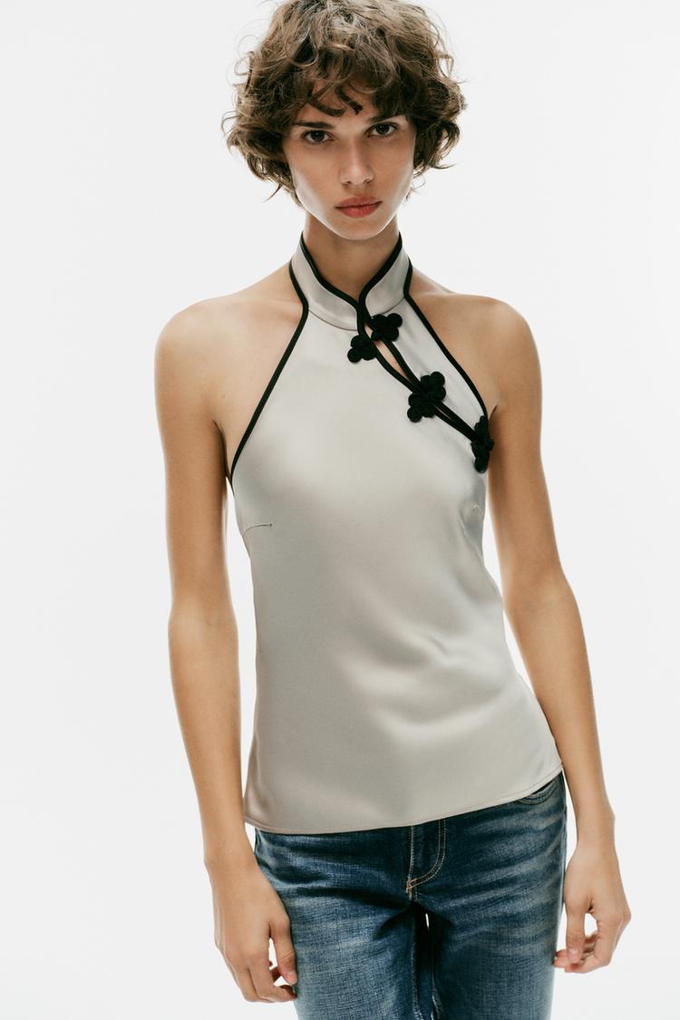 SATIN HALTER TOP WITH FROG FASTENING