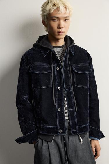 FLOCKED DENIM CROPPED JACKET — Blue 1