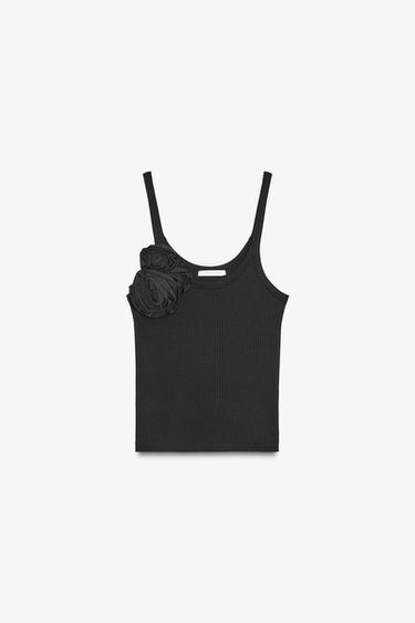 RIBBED FLORAL TOP - Black by Zara - Image 0